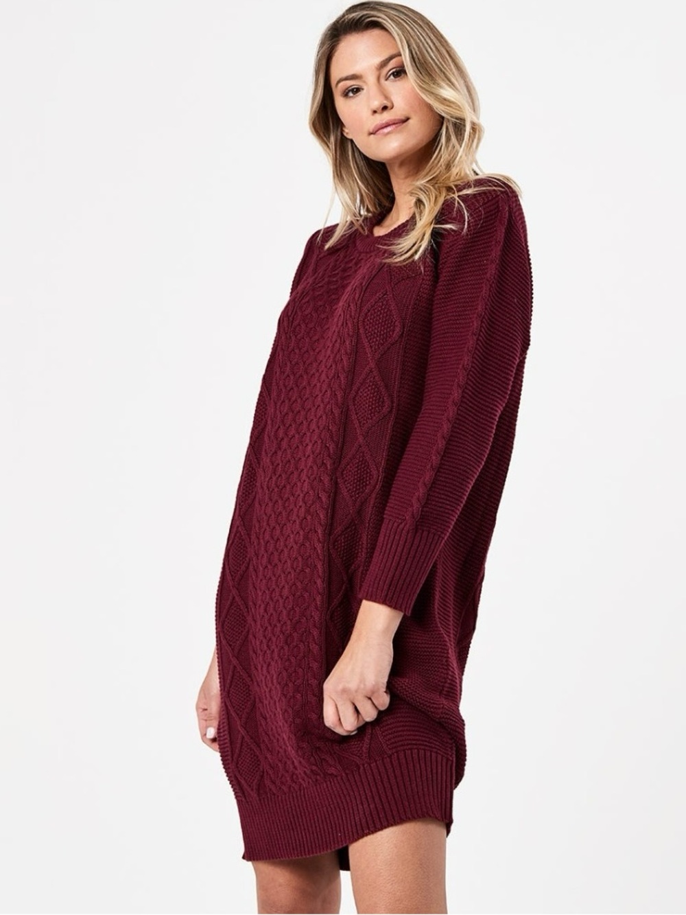 Cable Knit Sweater Dress - Burgundy